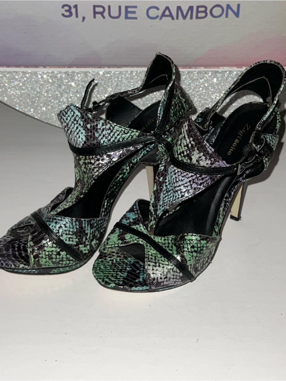 Zigi Soho Green and Black Snake-Print High Heel Sandals
